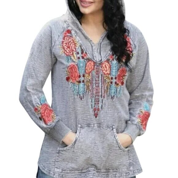Avani Del Amour Embroidered Pullover Hoodie Size 1X Floral Gray Cozy Art To Wear - Picture 1 of 7